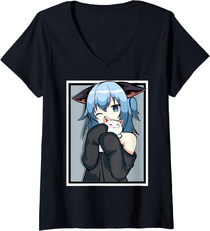 Damen Anime-Girl – niedliches Katzen-Design – Manga und Kawaii T-Shirt mit V-Ausschnitt