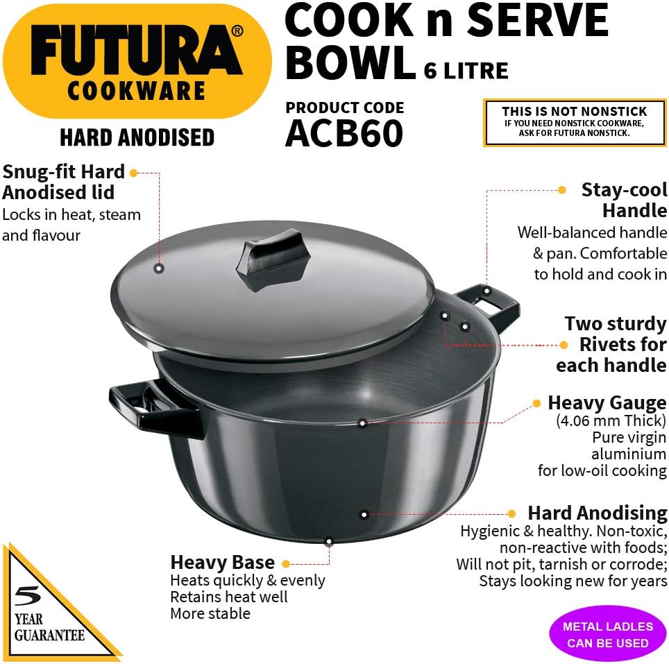 HAWKINS Futura Koch-N-Serve Schale harteloxiert schwarz 6 Liter, 6 Liter