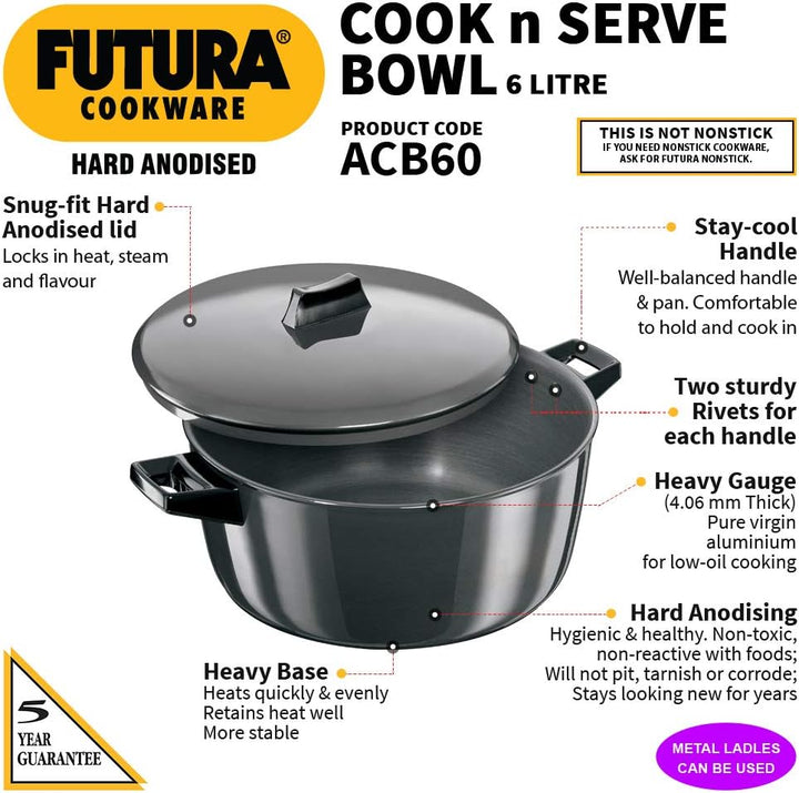 HAWKINS Futura Koch-N-Serve Schale harteloxiert schwarz 6 Liter, 6 Liter