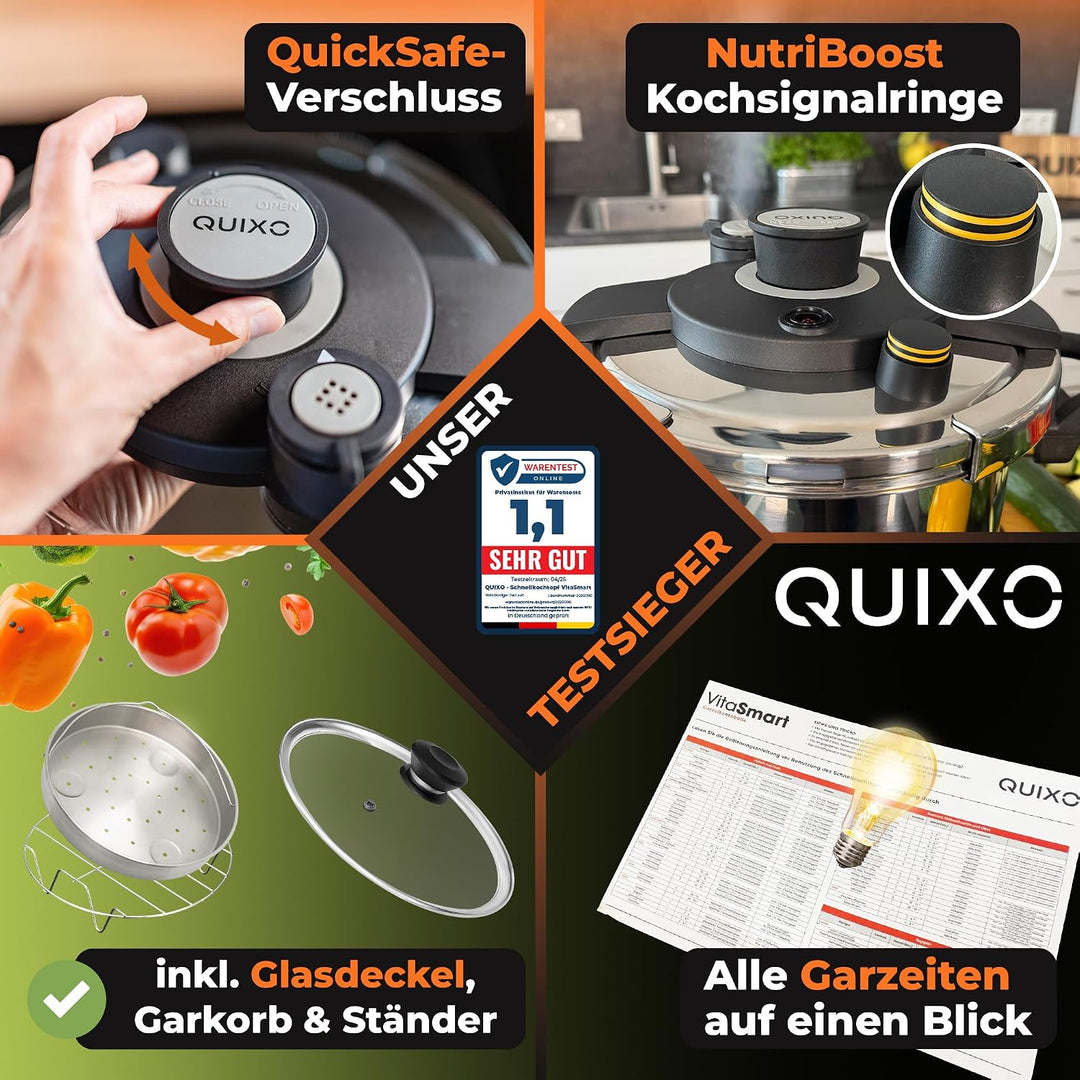 QUIXO Schnellkochtopf 4l VitaSmart inkl. Glasdeckel mit 𝐊𝐨𝐜𝐡𝐳𝐞𝐢𝐭𝐬𝐢𝐠𝐧𝐚𝐥 für alle Herdarten [diesen Mo