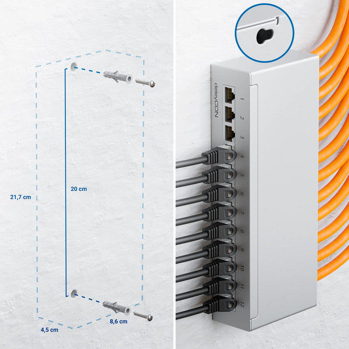 deleyCON CAT 6 Patchpanel Verteilerfeld 12 Port 1 HE Desktop & Wandmontage Geschirmt 12x RJ45 Buchse