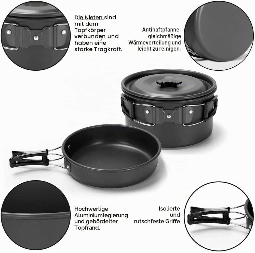 aiGear Camping Kochgeschirr Set/Outdoor Geschirr Set | Camping Topf Kochtopf Tragbar Aluminium | mit