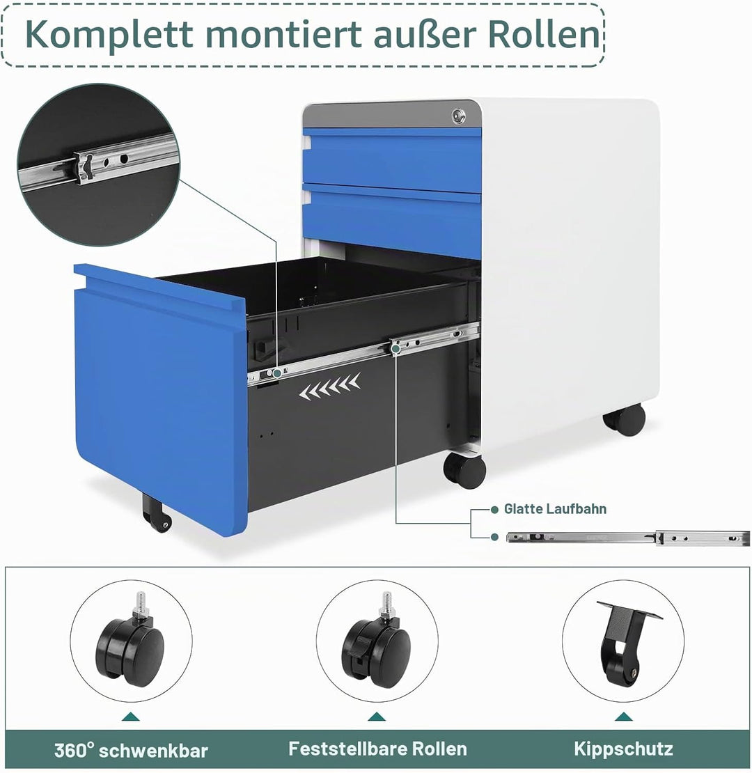 Dripex Metall Rollcontainer Stahl Rollcontainer mit 2 Schubladen und Hängeregistratur Abschliessbare