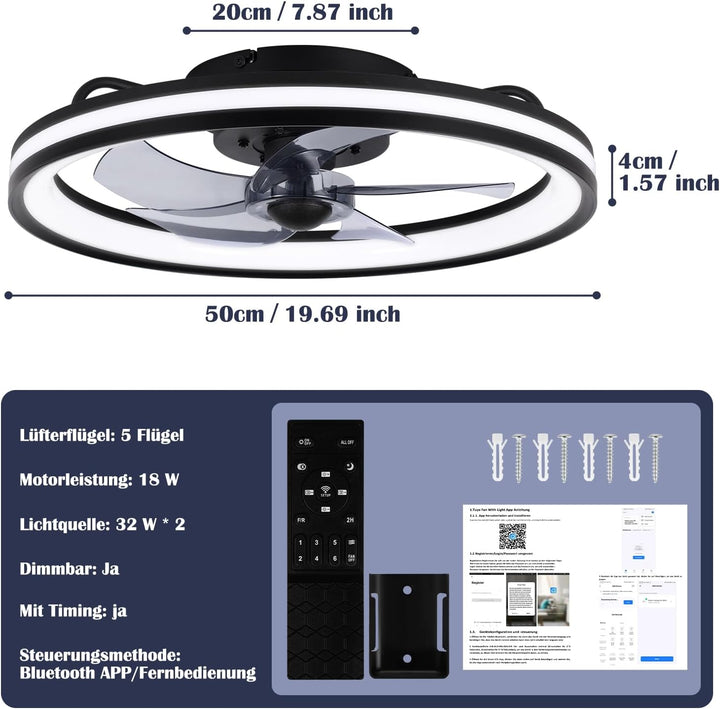 Fiqops Deckenventilator mit Beleuchtung und Fernbedienung Ø50 cm, LED Deckenleuchte 3 Farbtemperatur