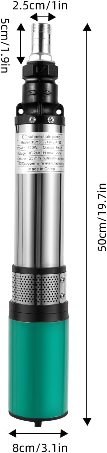 Brunnenpumpe, Brunnenpumpe, tief, 320 W/24 V DC, Tauchpumpen, Edelstahl, 25 m, 4500 U/min, Durchmess