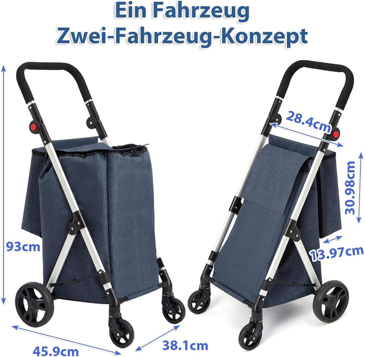 Einkaufstrolley, 46L Trolly Einkaufswagen Klappbar, 4 Rädern Aluminium Leichtgewicht Einkaufstrolley