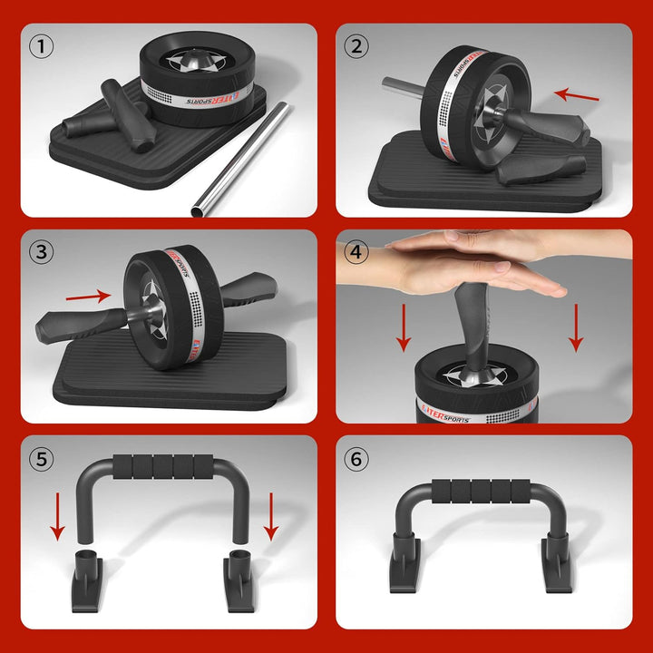 EnterSports Bauchroller, 6-in-1 Bauchtrainer mit Fitnessband, Liegestütze, Kniematte, Fitness Geräte