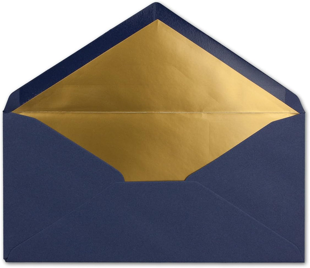 100 Brief-Umschläge DIN Lang - Dunkel-Blau/Nachtblau mit Gold-Metallic Innen-Futter - 110 x 220 mm -