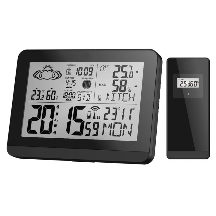 Miraval Moderne Design Funk-Wetterstation mit Aussensensor bennenbar Mondphase Sonnenaufgang Sonnenu