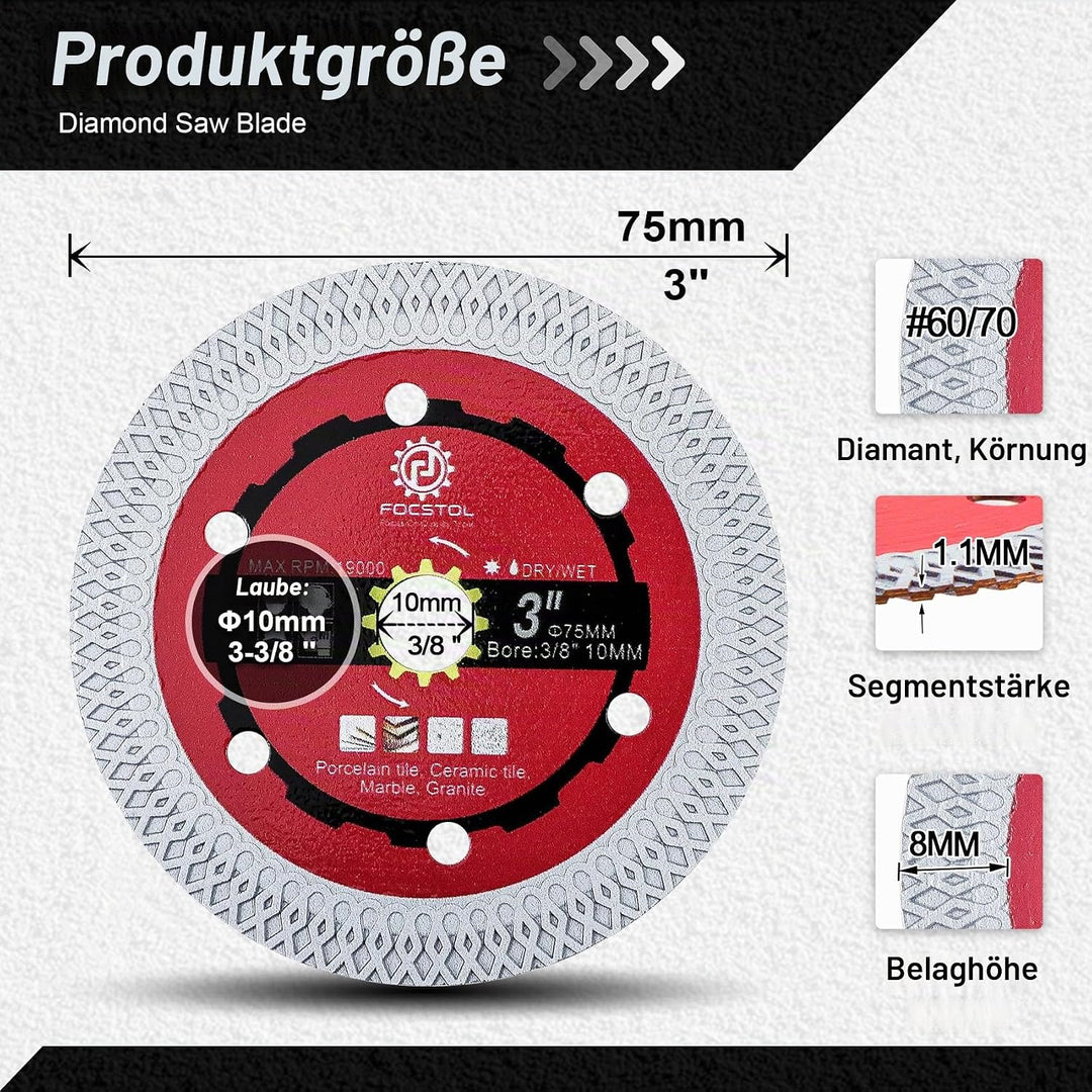 FOCSTOL Diamant Trennscheibe - 2 Stück 75mm Fliesentrennscheibe für Porzellan Keramikfliesen Marmor