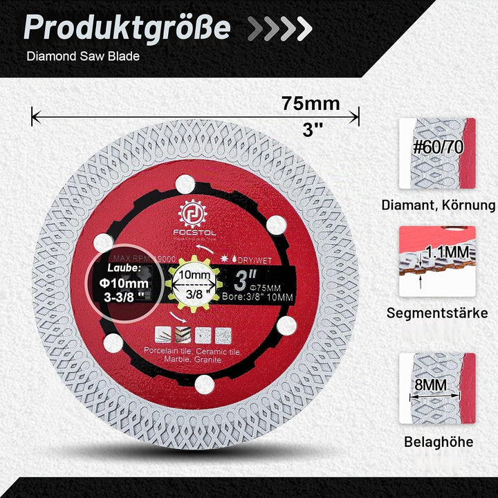 FOCSTOL Diamant Trennscheibe - 2 Stück 75mm Fliesentrennscheibe für Porzellan Keramikfliesen Marmor