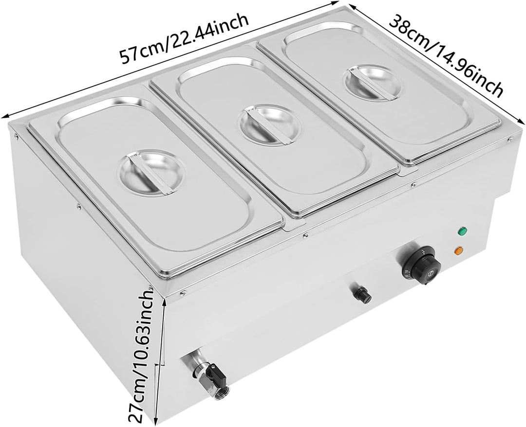 Buffetwärmer,Bain Marie Speisenwärmer mit 3 Behältern,1500W Profi Wasserbad Warmhaltebehälter mit Ab