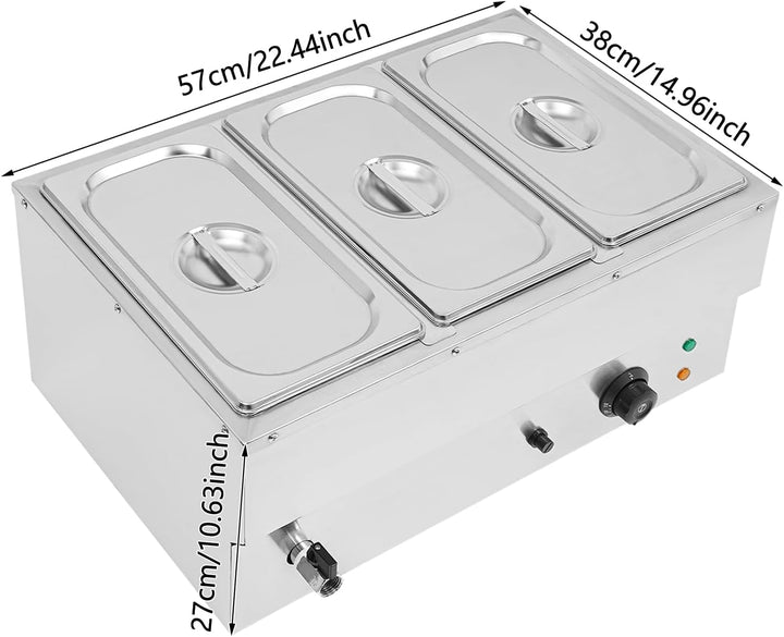 3 Behälter Elektrischer Speisenwärmer，Profi Wasserbad Warmhaltebehälter mit Ablaufhahn 30-110°C Buff