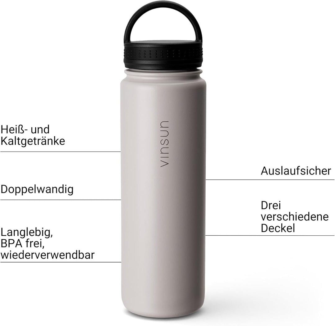 Vinsun Edelstahl Trinkflasche 750ml - Strohhalm, Trinköffnung, Drehverschluss - auslaufsicher, Kohle