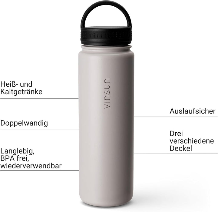 Vinsun Edelstahl Trinkflasche 750ml - Strohhalm, Trinköffnung, Drehverschluss - auslaufsicher, Kohle