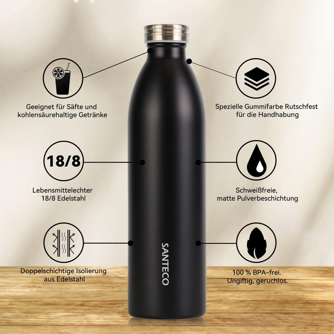 SANTECO Edelstahl Trinkflasche 1L, 100% dicht Thermosflasche 12 h heiss / 24 h kalt, absolut dicht f