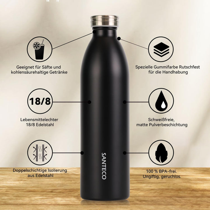 SANTECO Edelstahl Trinkflasche 1L, 100% dicht Thermosflasche 12 h heiss / 24 h kalt, absolut dicht f