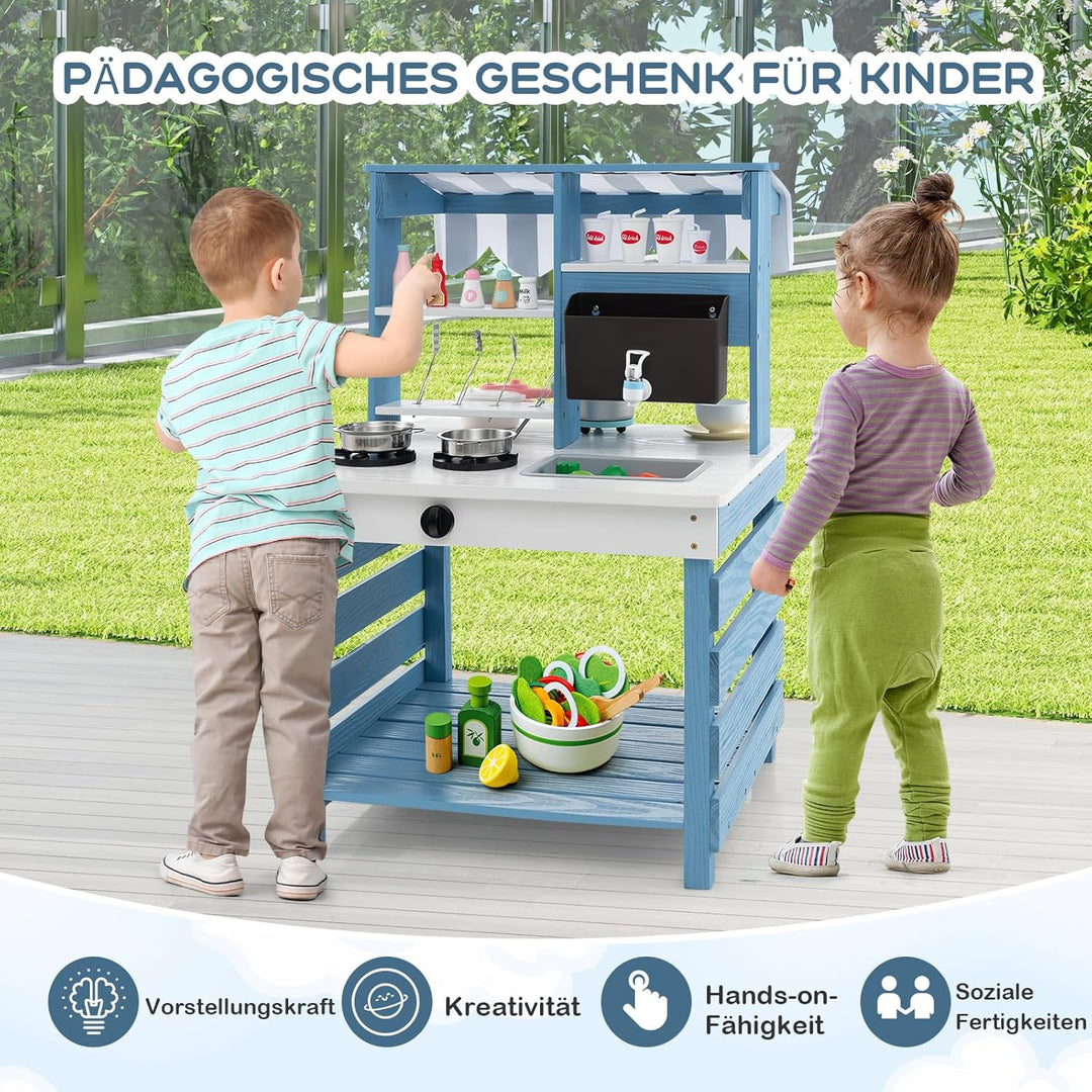 COSTWAY Matschküche Kinder Outdoor, Kinderküche Tannenholz mit Wasserfunktion, Doppelseitige Spielkü
