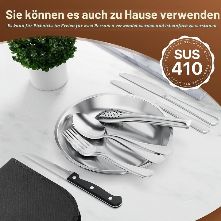 Camping Geschirr Set 2 Personen, 10 Stück Tragbars Campingbesteck Set aus Edelstahl mit einer Tasche