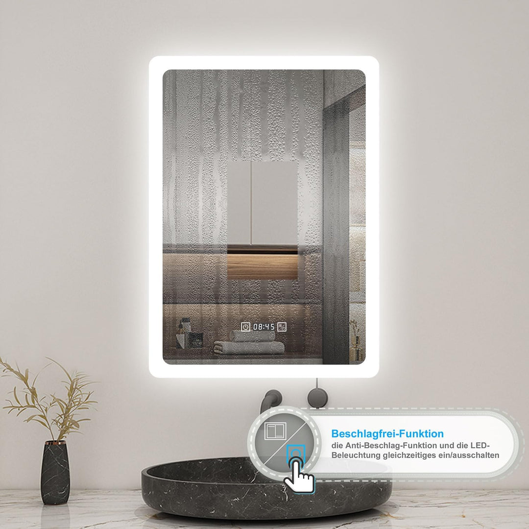 50x70cm LED Badspiegel mit Uhr,Touch,Beschlagfrei,Badspiegel mit Beleuchtung,Badezimmerspiegel mit 3