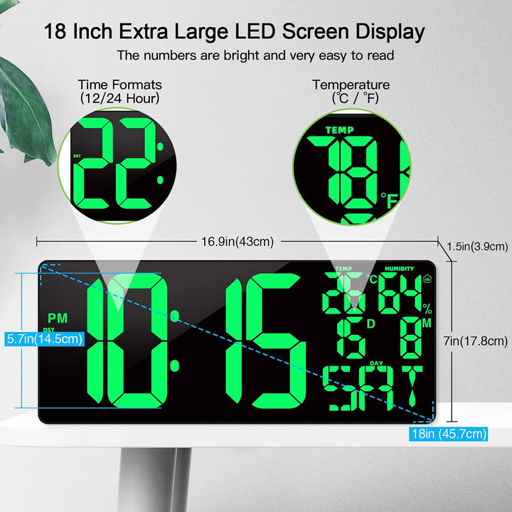 XREXS 18'' grosse Digitale Wanduhr mit Fernbedienung, automatisch dimmbare Digitaluhr mit grossem Di