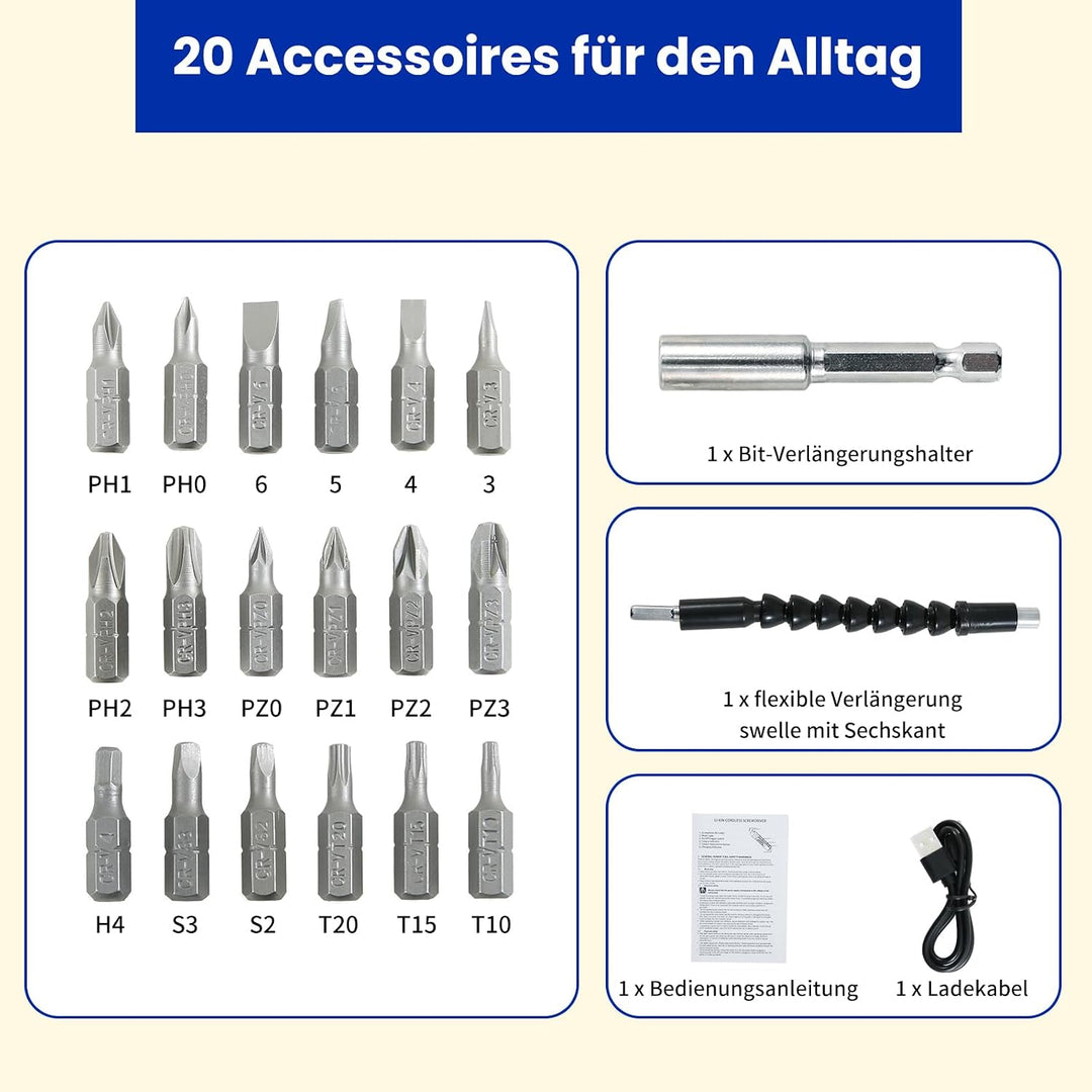 Mini Akkuschrauber 20 in 1, 4V Akkuschrauber klein, Elektrischer Schraubendreher, mit 4-Gang-Drehmom