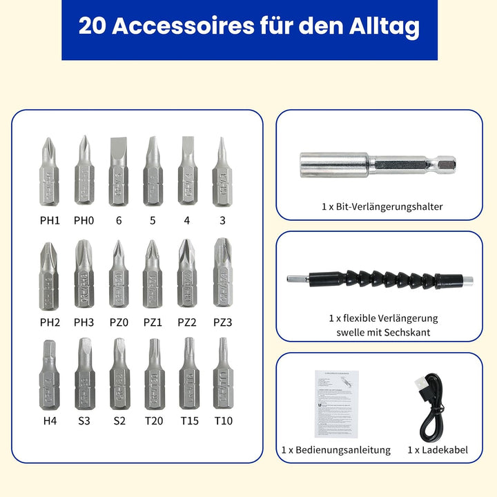 Mini Akkuschrauber 20 in 1, 4V Akkuschrauber klein, Elektrischer Schraubendreher, mit 4-Gang-Drehmom