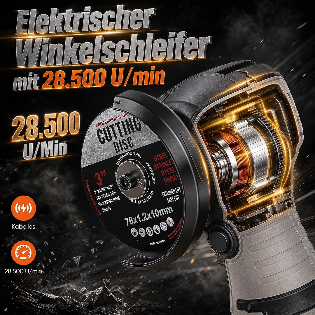 Mini Winkelschleifer Akku, 28500 U/min Bürstenloser Motor, 3 Zoll/76mm Akkuflex mit 2x 2000mAh Akkus
