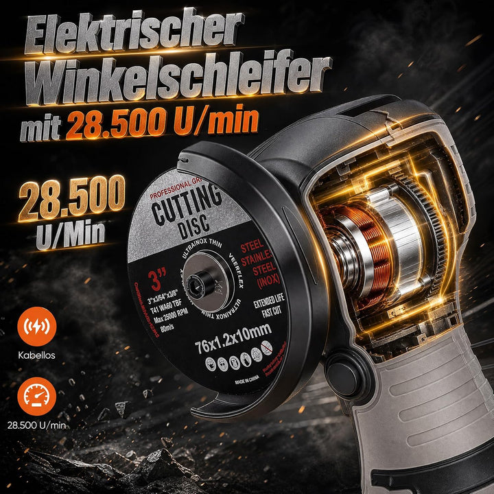 Mini Winkelschleifer Akku, 28500 U/min Bürstenloser Motor, 3 Zoll/76mm Akkuflex mit 2x 2000mAh Akkus