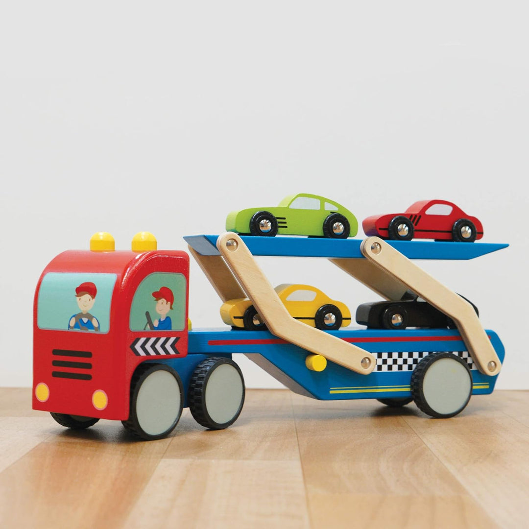 Le Toy Van – Rennauto-Transportfahrzeug Spielset aus Holz – Mit 4 Holzautos | Für Mädchen & Jungen F