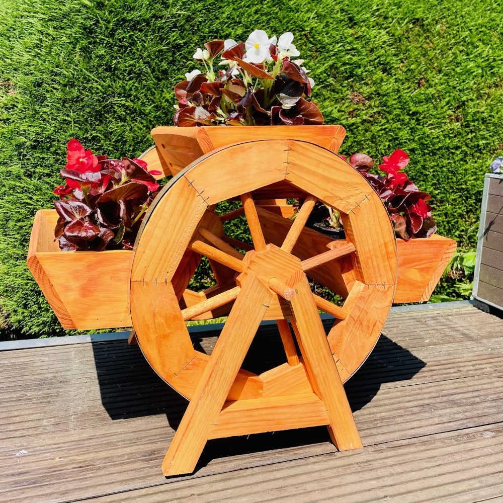 DARLUX Garten/Balkon Holz handgefertigte Blumentreppe Blumenrad 3er Blumenbank Braun Holzrad