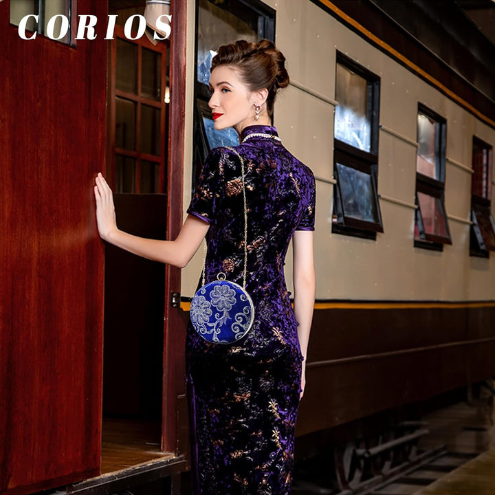 CORIOS Damen Rund Abendtasche Samt Clutch Bag Brauttasche Blume Schultertasche Luxus Handgelenktasch