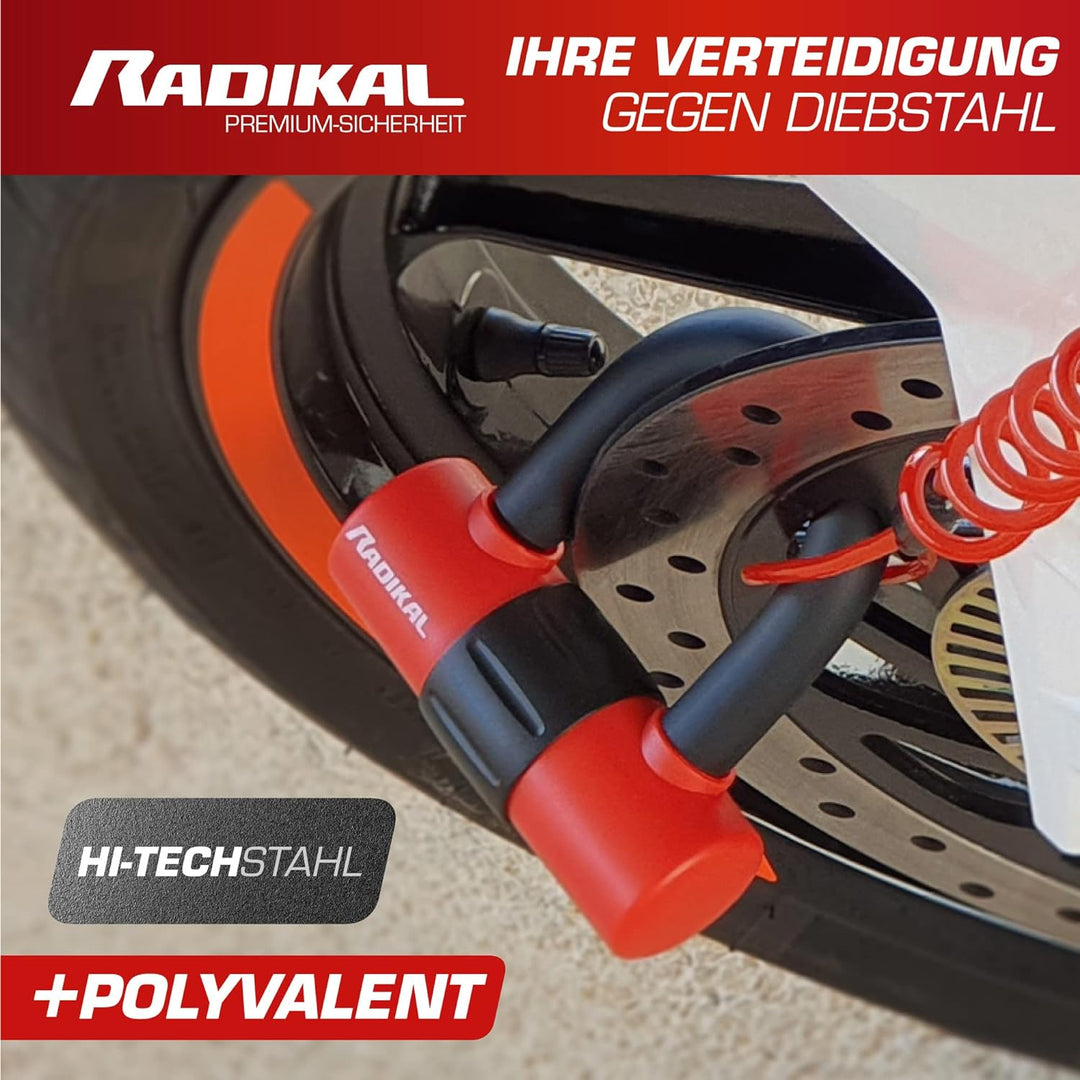 RADIKAL RK72 Motorrad Mini Bügelschloss 14mm Doppelfunktion, Bremsscheibenschloss oder Vorhängeschlo