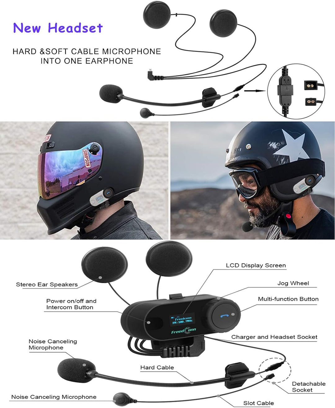 FreedConn T-COM SC 800M Intercom Motorrad Bluetooth 2er Set, Helm Kommunikationssystem für 2 Persone
