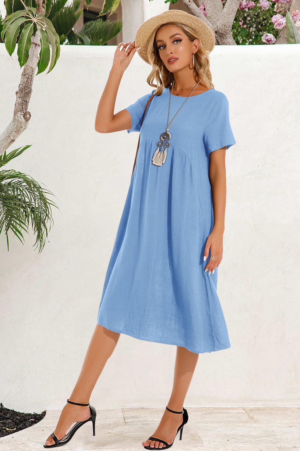 Sommerkleid Damen Leinen Kleider Casual V-Ausschnitt Midikleid Kurzarm A-Linie Kleid Strandkleid Ohn