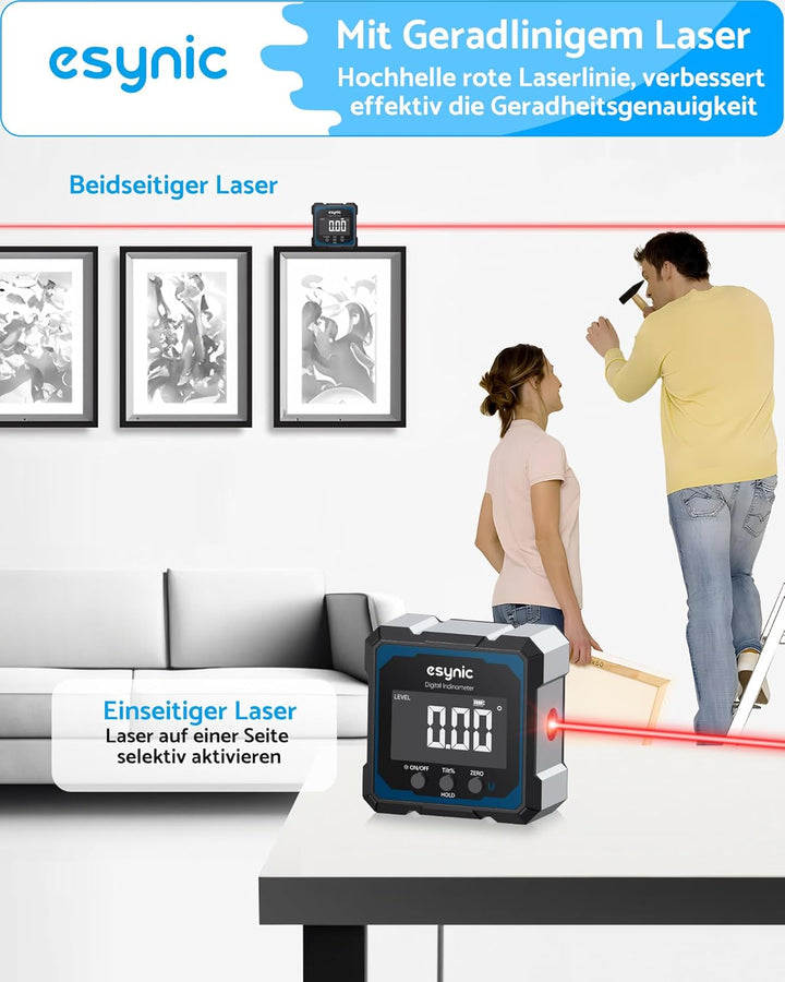 eSynic Digitale Winkelmesser Wasserwaage mit Laser Neigungsmesser 4×90° ±0,1°mit LCD-VA Display Vier
