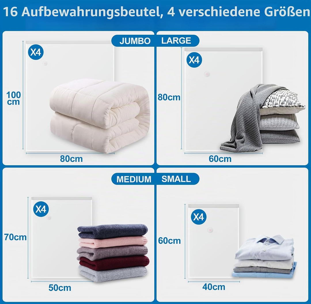 Vakuumbeutel für Kleidung mit elektrischer Luftpumpe, 16er Pack (4 Jumbo/4 gross/4 mittel/4 klein),