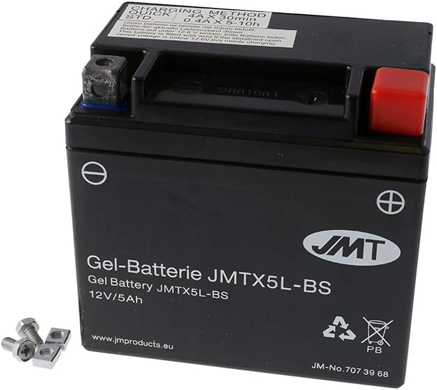 JMT Batterie 12 V 5 Ah (YTX5L-BS) [wartungsfrei &amp; versiegelt] kompatibel für Aprilia SR 50 LC Ditech