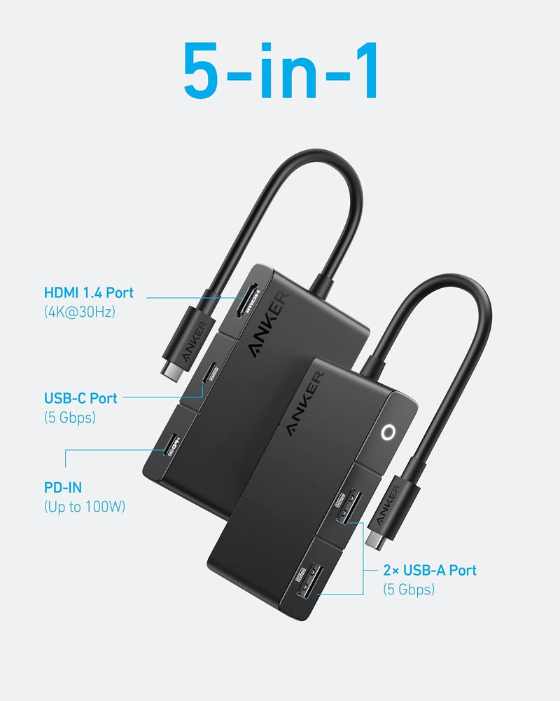 Anker USB-C Hub, 332 USB-C Hub (5-in-1, 4K HDMI) mit 100W Power Delivery, 4K@30Hz HDMI Display, 5Gbp