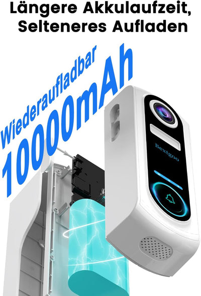 Bextgoo Türklingel mit Kamera, Mehrwinkelständer, 2K FHD Funkklingel mit Kamera WLAN, 10000mAh Akku,