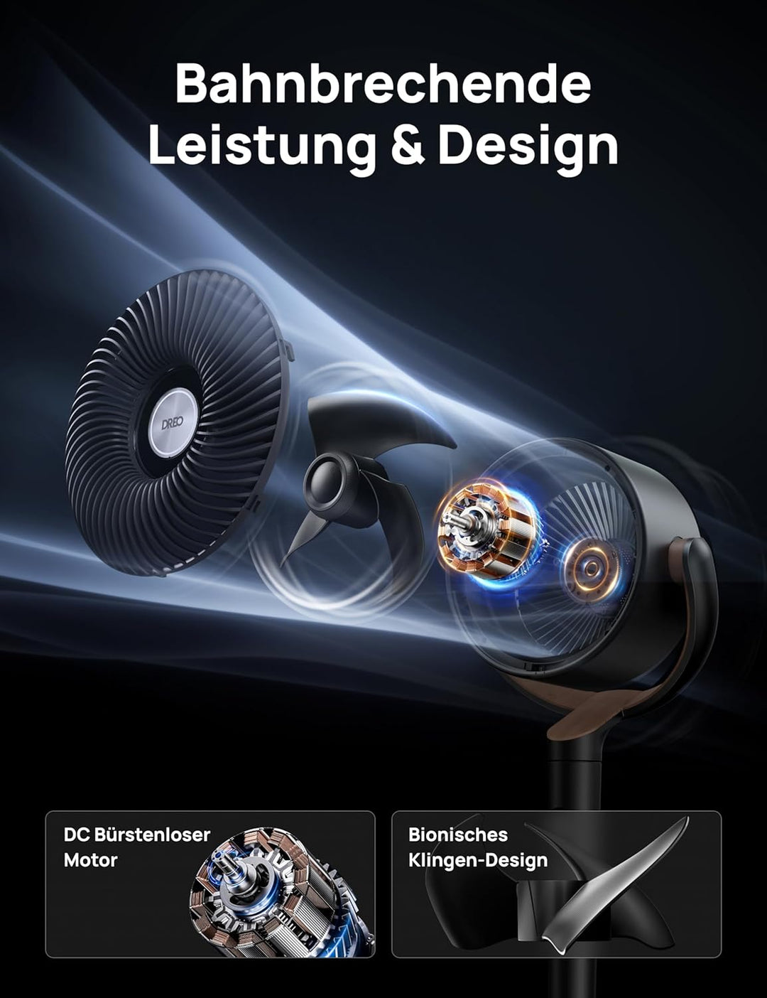 DREO 20dB leiser Standventilator, 120°+120° Omni-direktionale oszillierende Ventilator, 26M Windentf