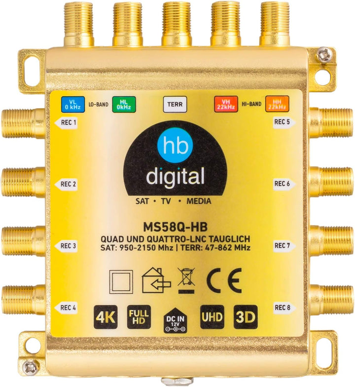 HB-DIGITAL DVB-S/S2 Multischalter 5/8 | Multiswitch Verteiler für 1 SAT, 8 Teilnehmer Satelliten Rec