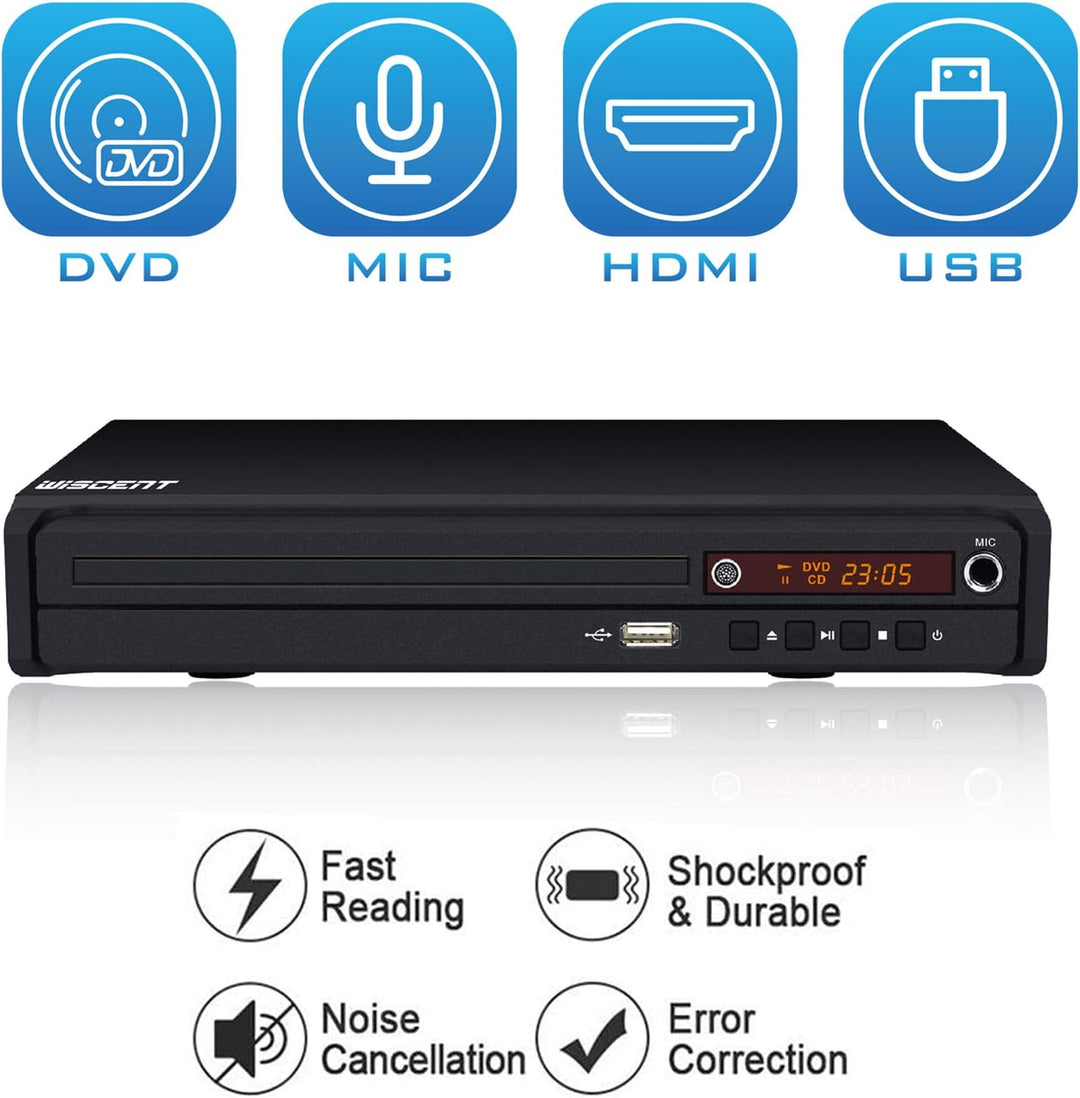 WISCENT DVD-Player für TV mit HDMI/AV/Koaxial Ausgang(HDMI Kabel enthaltenl),USB 2.0 Mediaplayer,All