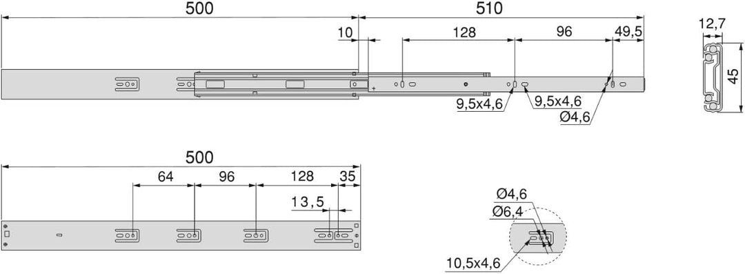 Emuca - Schubladenschienen kugellager 45mm x 500mm, Set aus 1 Paar aus schubladenauszug Vollauszug m