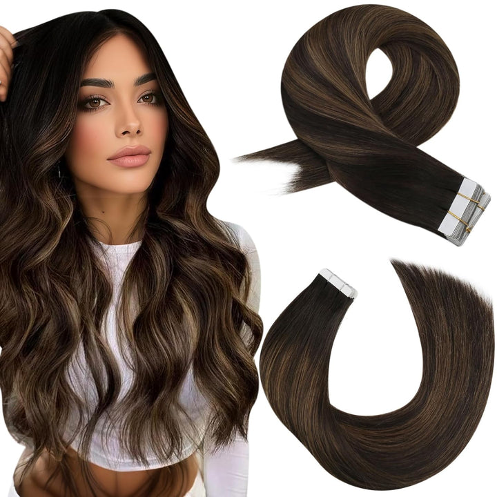 Moresoo Tape in Extensions Echthaar Braun Unsichtbare Tape Extensions Dunkelbraun bis Hellbraun mit
