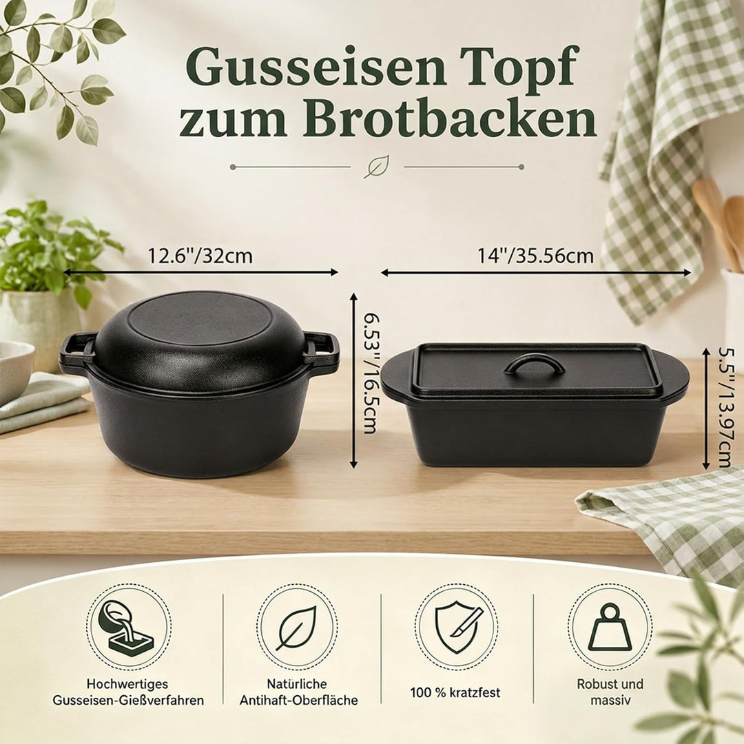 Gusseisen Topf 26cm Brot Backen, Brotbackform mit Deckel, Gärkorb, Robuste Brotbackform mit Deckel,
