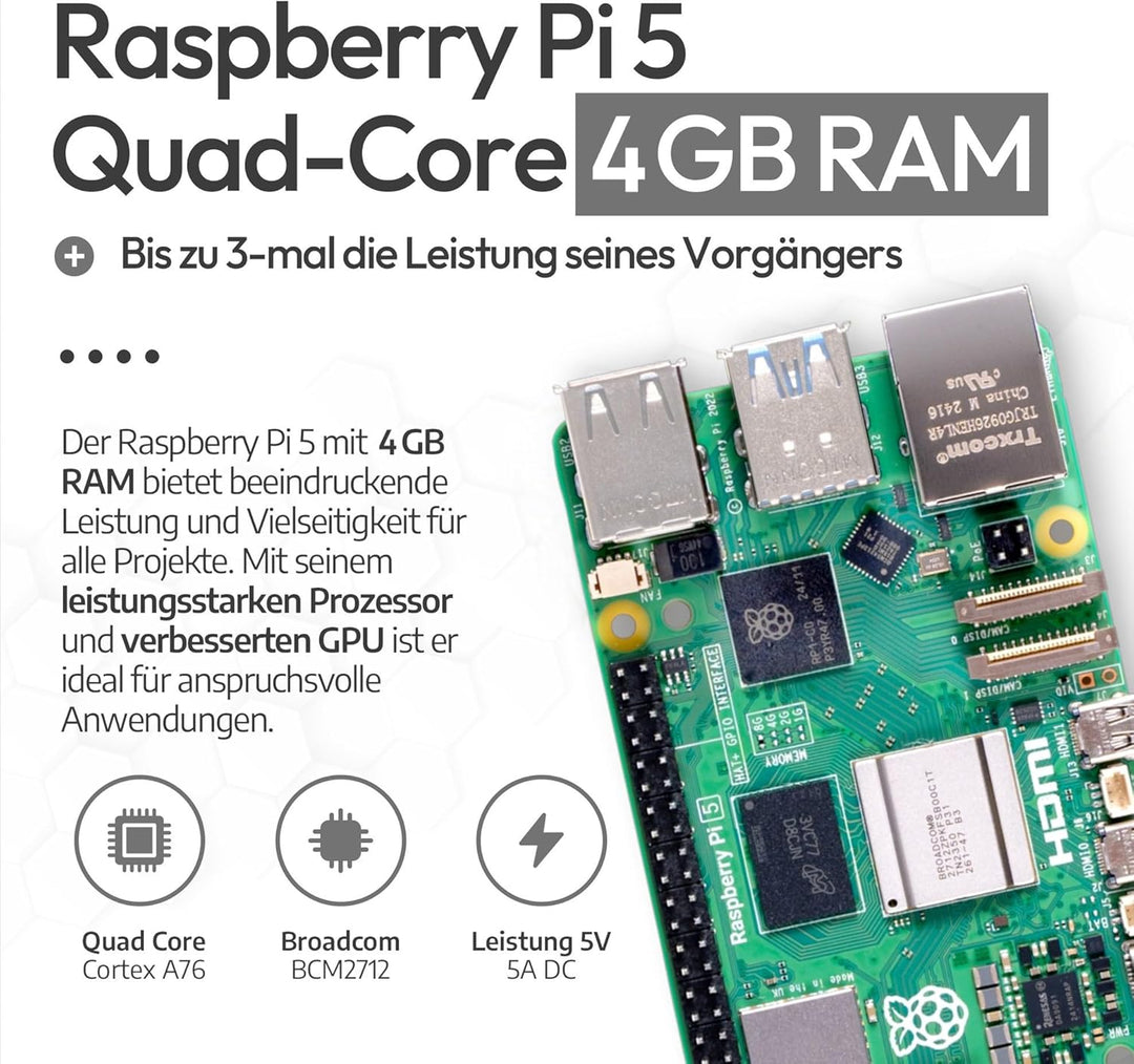 db-tronic Cooler-Kit für Raspberry Pi 5 4GB | 64GB Edition | Netzteil 27W | Airflow Gehäuse | Active