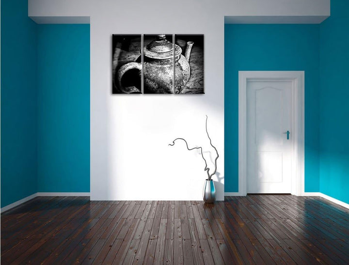 Pixxprint Monocrome, stilvolle alte Teekanne aus Keramik 3-Teiler Leinwandbild 120x80 Bild auf Leinw