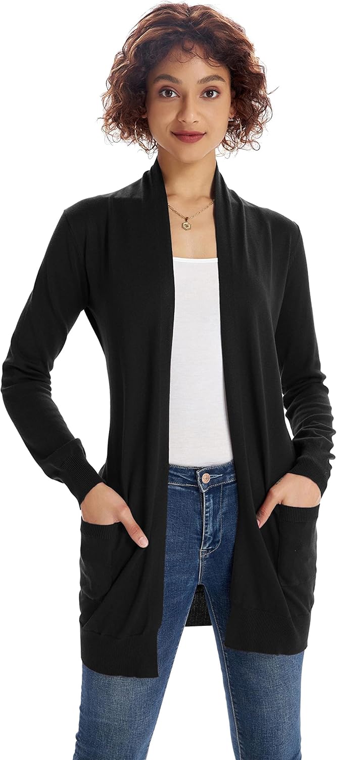 GRACE KARIN Damen Langarm Offene Strickjacke Lang Strickmantel Casual High Stretchy Cardigan mit Tas