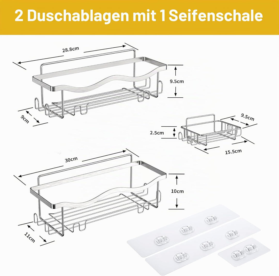 ALOCEO Duschablage ohne Bohren 3 Stück, Rostfrei Dusch Organizer, Shampoo Halterung für Dusche, Silb